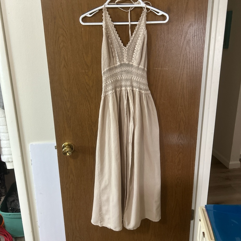 Beige Crochet-Detail V-Neck Maxi Dress